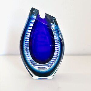 MICHAEL SHEARER STUDIO ART GLASS FLATTENED OVOID VASE COBALT BLUE